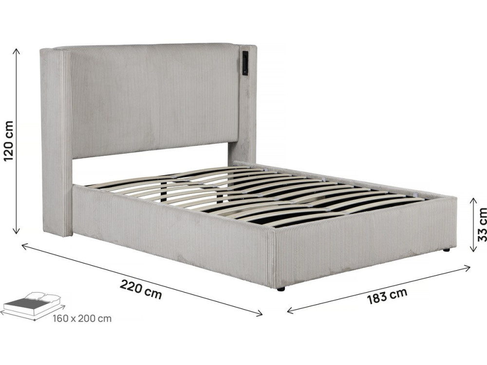 Cama doble de pana con cómoda integrada y lámpara "Cortina" - 160 x 200 cm - Beige