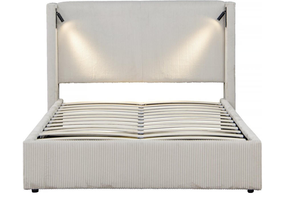 Cama doble de pana con cómoda integrada y lámpara "Cortina" - 160 x 200 cm - Beige