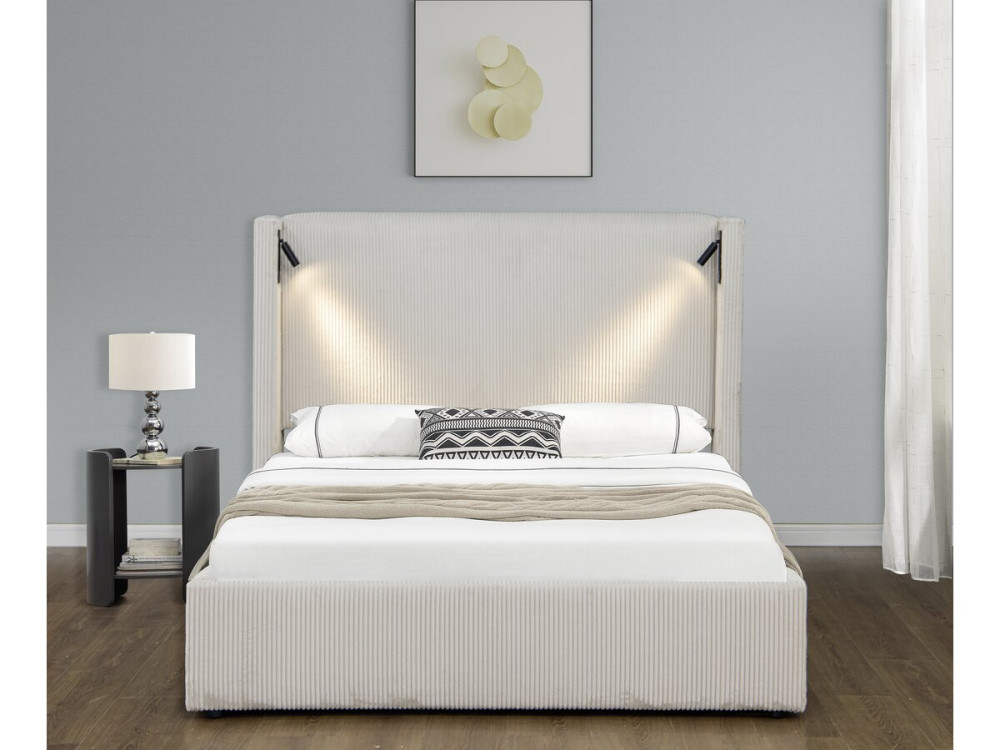 Cama doble de pana con cómoda integrada y lámpara "Cortina" - 160 x 200 cm - Beige