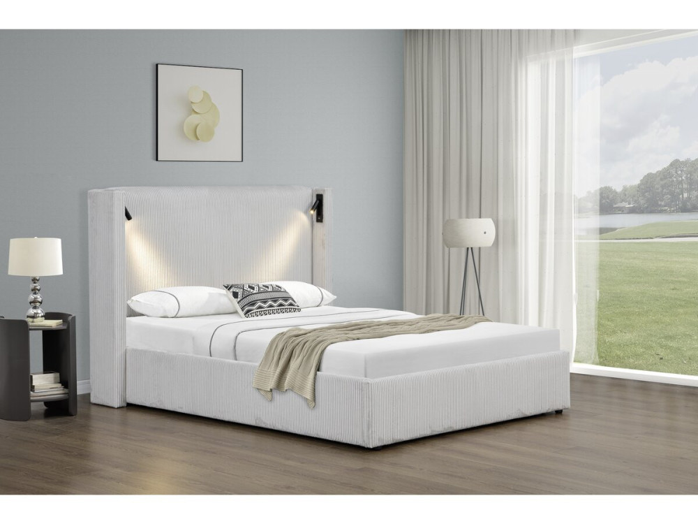 Cama doble de pana con cómoda integrada y lámpara "Cortina" - 140 x 190 cm - Beige