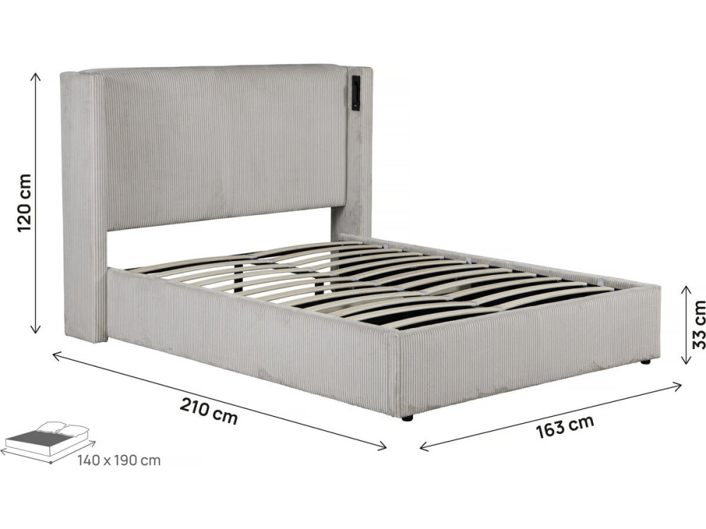 Cama doble de pana con cómoda integrada y lámpara "Cortina" - 140 x 190 cm - Beige