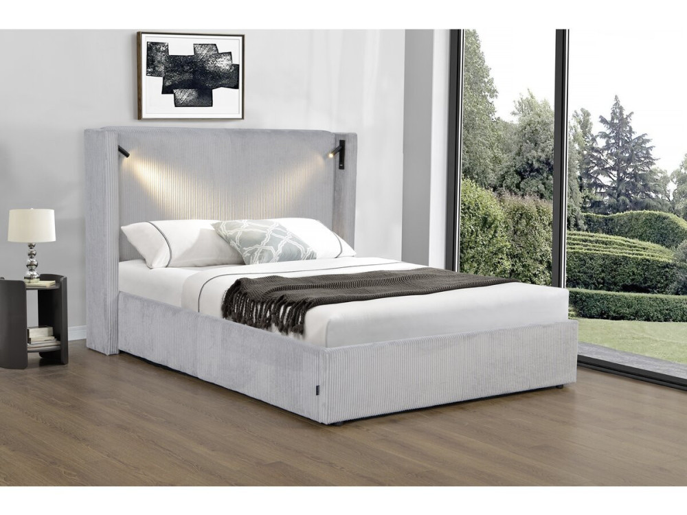 Cama doble de pana con cómoda integrada y lámpara "Cortina" - 160 x 200 cm - Gris