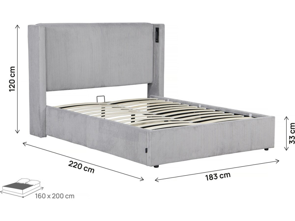 Cama doble de pana con cómoda integrada y lámpara "Cortina" - 160 x 200 cm - Gris