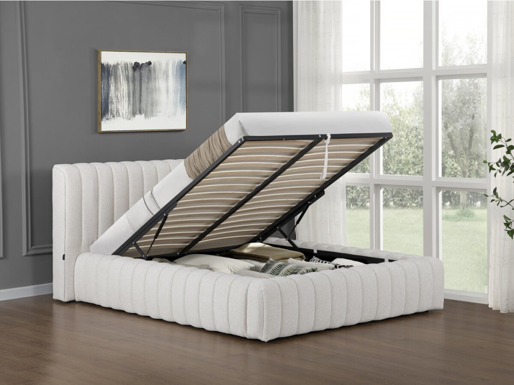 Cama doble de tela "Tignes" con espacio de almacenaje - 140 x 190 cm - Beige
