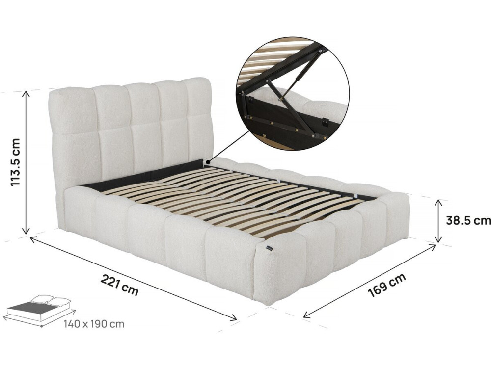 Cama doble de tela "Davos" con espacio de almacenaje - 140 x 190 cm - Beige