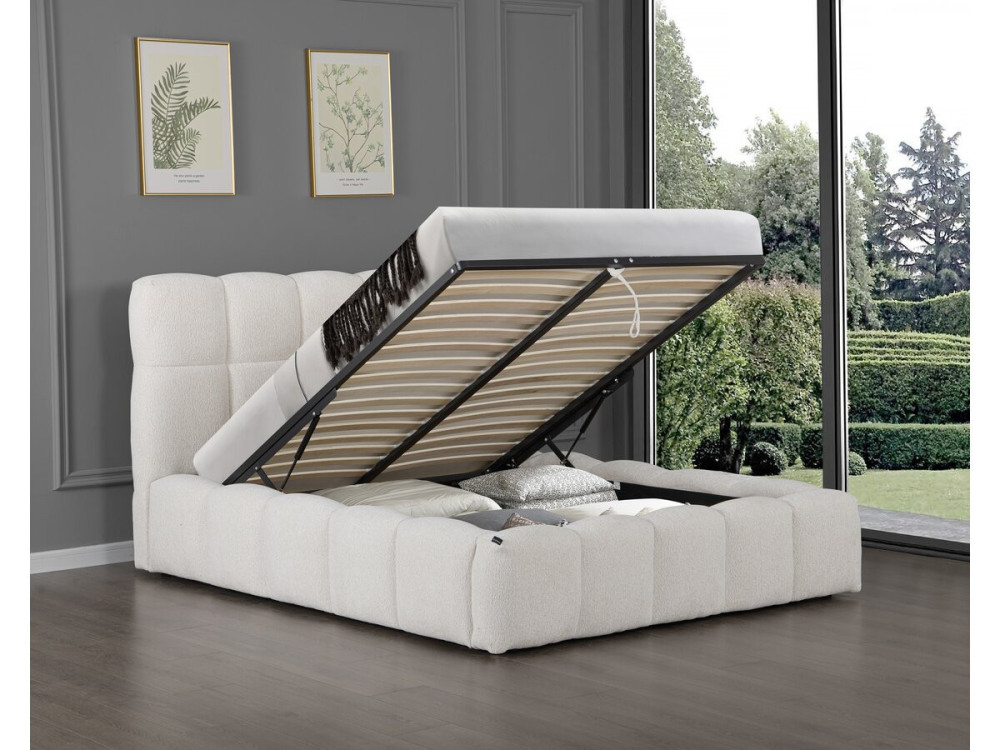 Cama doble de tela "Davos" con espacio de almacenaje - 160 x 200 cm - Beige