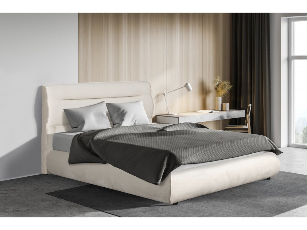 Cama doble con almacenaje en terciopelo "Chamonix" - 160 x 200 cm - Beige