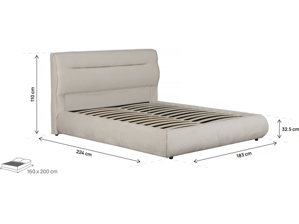 Cama doble con almacenaje en terciopelo "Chamonix" - 160 x 200 cm - Beige