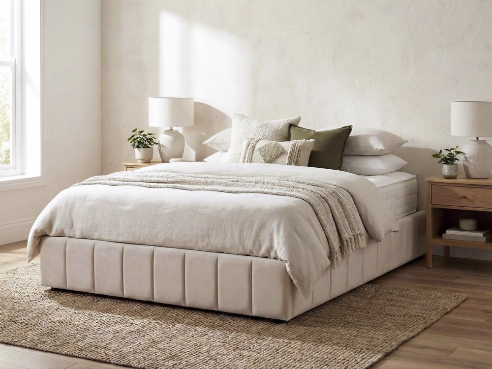Cama doble con box de terciopelo "Meribel" - Beige - 140 x 190 cm