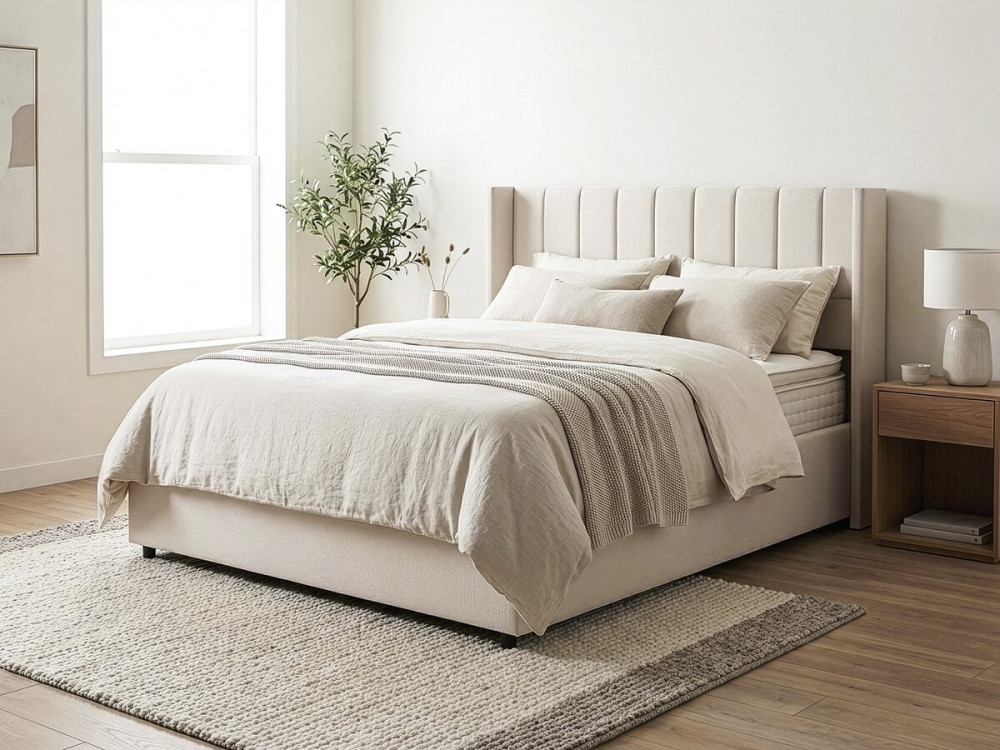 Cama doble "Saint-Moritz" en lino con box - 140 x 190 cm - Beige