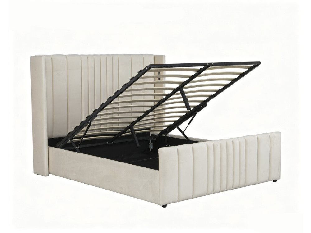 Cama doble con cajón de tela y lámparas integradas «Verbier» - 140 x 190 cm - Beige