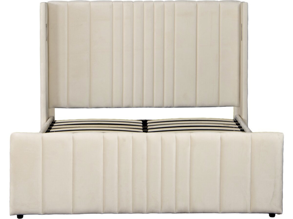 Cama doble con cajón de tela y lámparas integradas «Verbier» - 140 x 190 cm - Beige