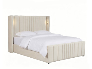 Cama doble con cajón de tela y lámparas integradas «Verbier» - 160 x 200 cm - Beige