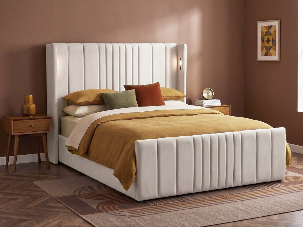 Cama doble con cajón de tela y lámparas integradas «Verbier» - 160 x 200 cm - Beige