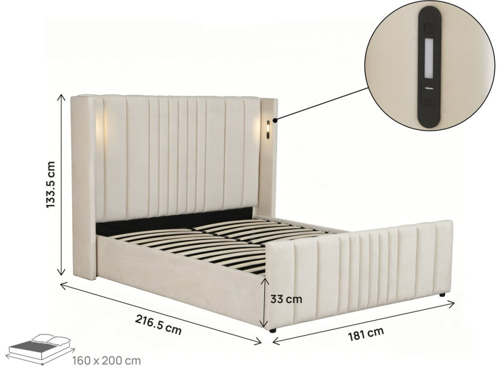 Cama doble con cajón de tela y lámparas integradas «Verbier» - 160 x 200 cm - Beige