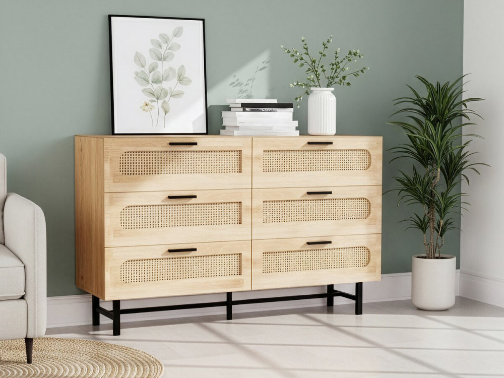 Cómoda "Harrison" de madera y caña - 120 x 40 x 75 cm - Beige