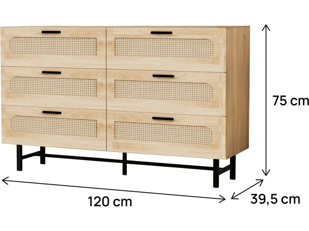 Cómoda "Harrison" de madera y caña - 120 x 40 x 75 cm - Beige