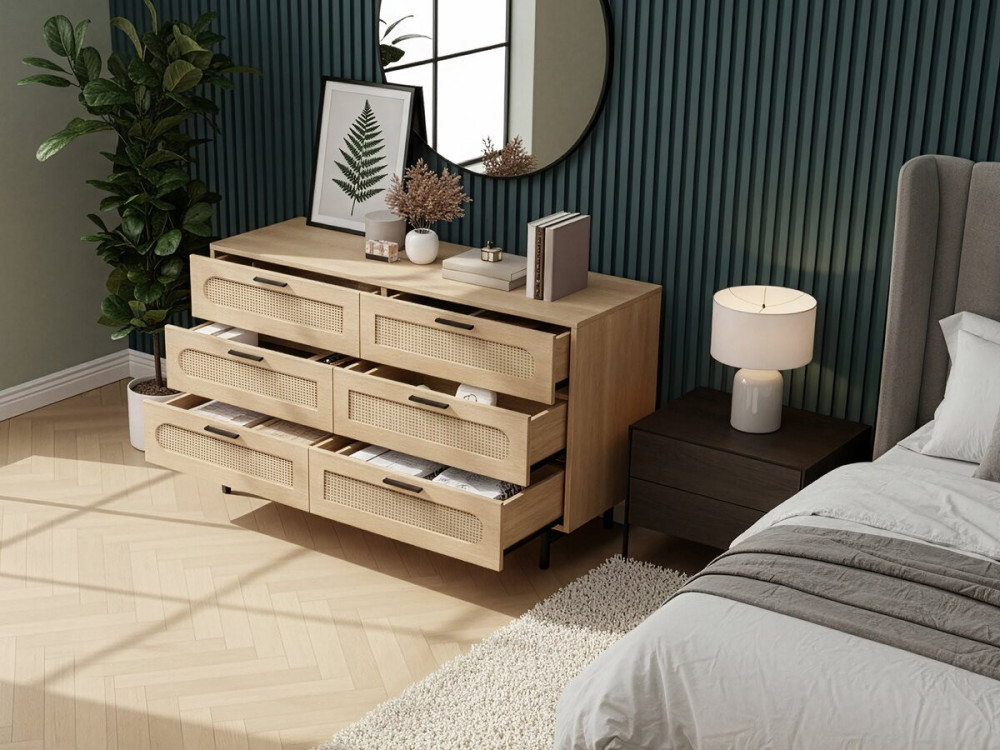 Cómoda "Harrison" de madera y caña - 120 x 40 x 75 cm - Beige