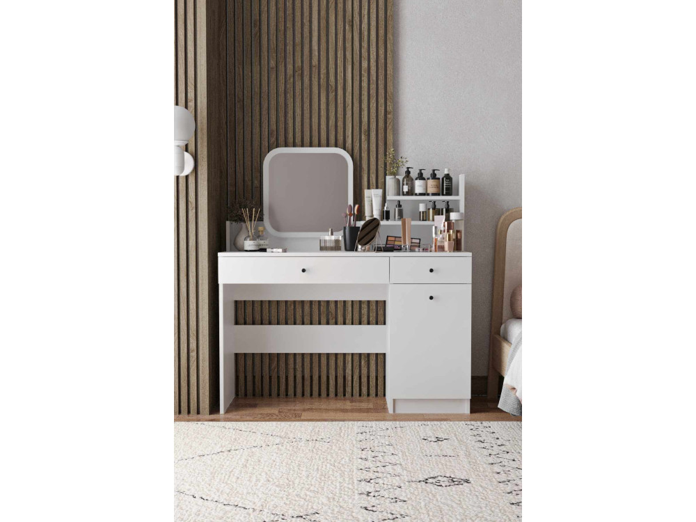 Tocador "Harmony Square" con espejo cuadrado de madera - 124 x 40 x 135 cm - Blanco