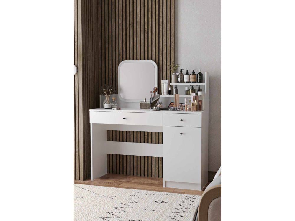 Tocador "Harmony Square" con espejo cuadrado de madera - 124 x 40 x 135 cm - Blanco