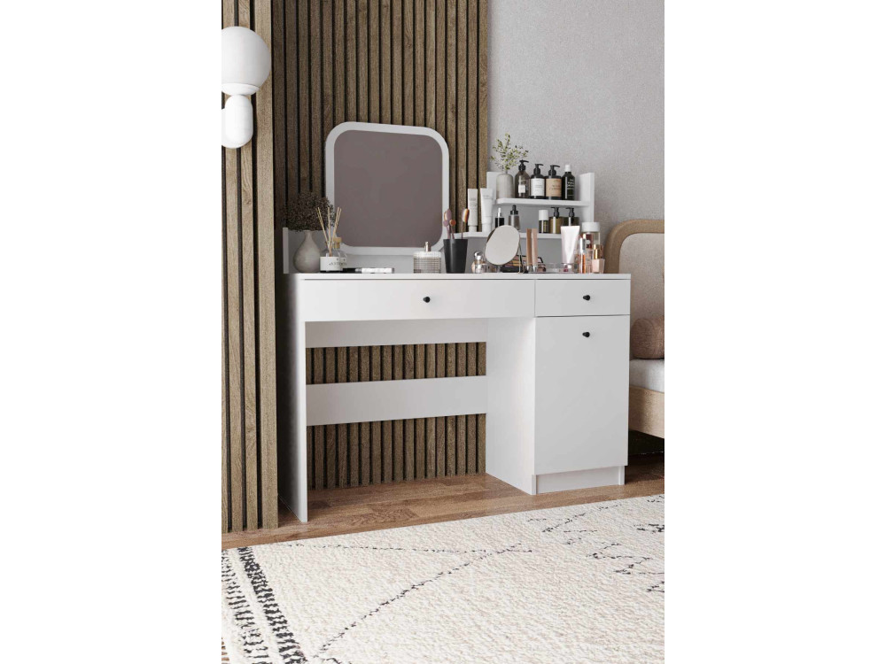 Tocador "Harmony Square" con espejo cuadrado de madera - 124 x 40 x 135 cm - Blanco