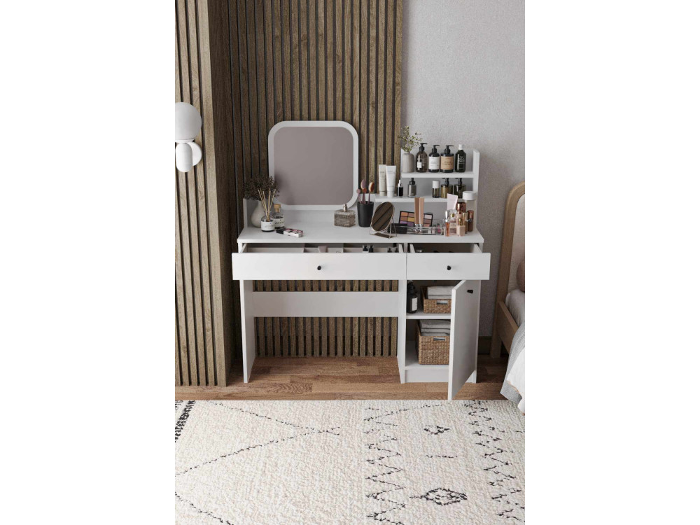 Tocador "Harmony Square" con espejo cuadrado de madera - 124 x 40 x 135 cm - Blanco
