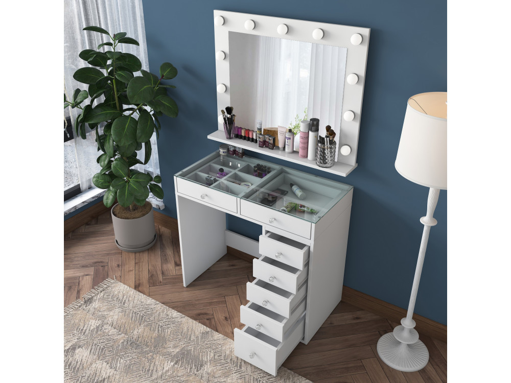 Tocador "Kona" con espejo de madera - 90 x 44 x 80 cm - Blanco