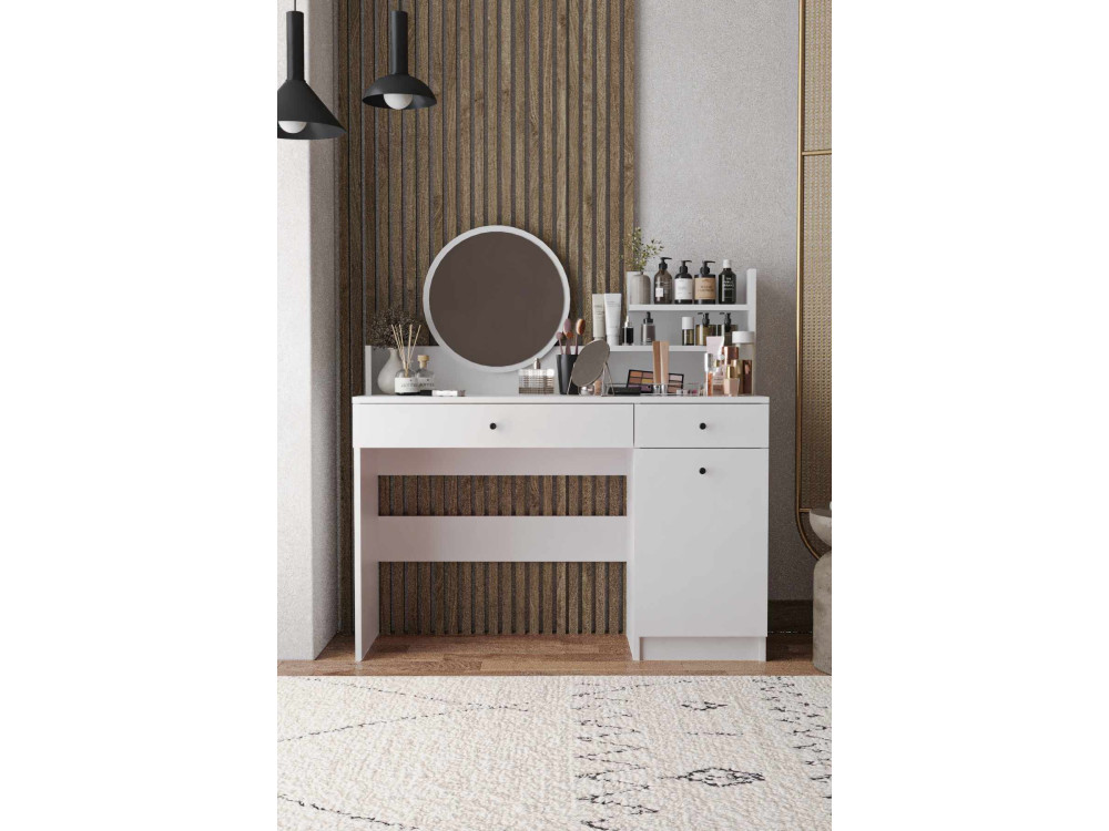 Tocador "Harmony Round" con espejo redondo de madera - 124 x 40 x 135 cm - Blanco