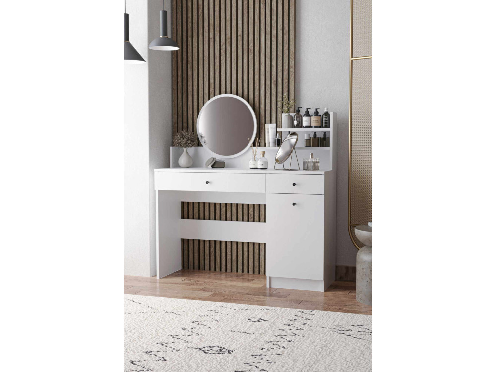 Tocador "Harmony Round" con espejo redondo de madera - 124 x 40 x 135 cm - Blanco