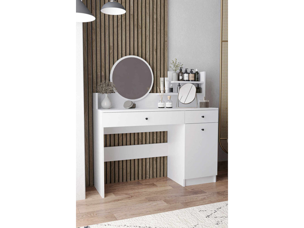Tocador "Harmony Round" con espejo redondo de madera - 124 x 40 x 135 cm - Blanco