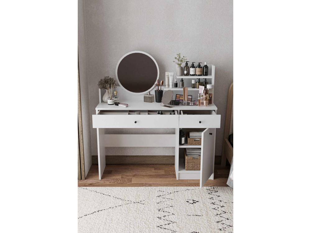 Tocador "Harmony Round" con espejo redondo de madera - 124 x 40 x 135 cm - Blanco