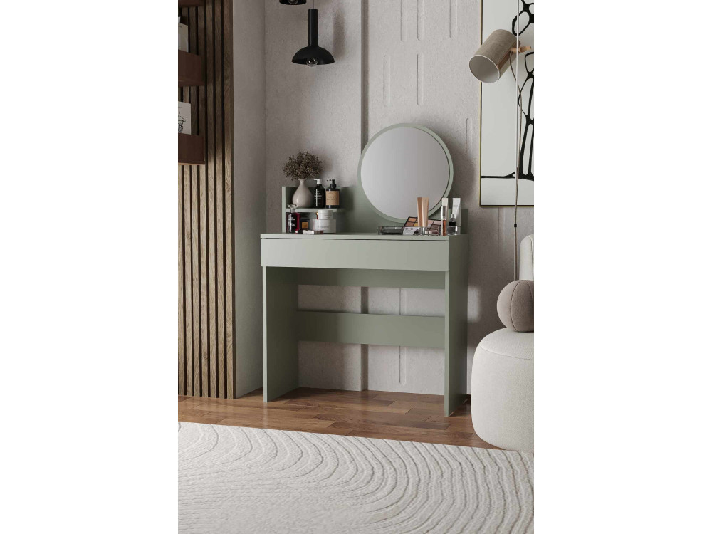 Tocador "Harmony Mini Round" con espejo de madera - 90 x 40 x 133 cm - Verde
