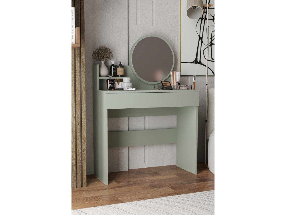 Tocador "Harmony Mini Round" con espejo de madera - 90 x 40 x 133 cm - Verde