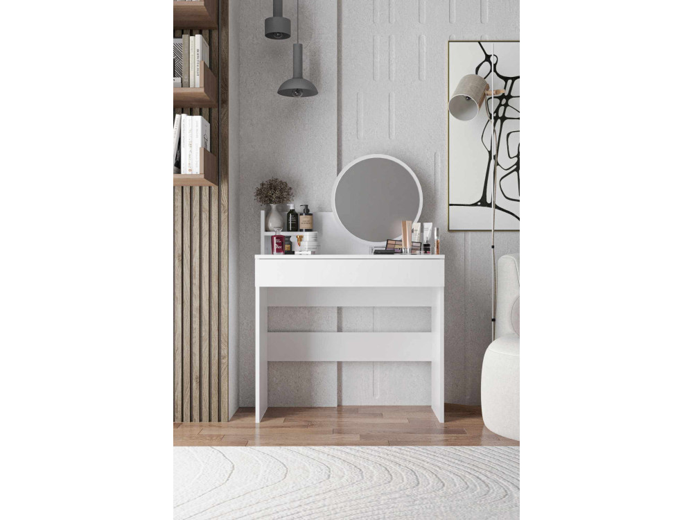 Tocador "Harmony Mini Round" con espejo de madera - 90 x 40 x 133 cm - Blanco