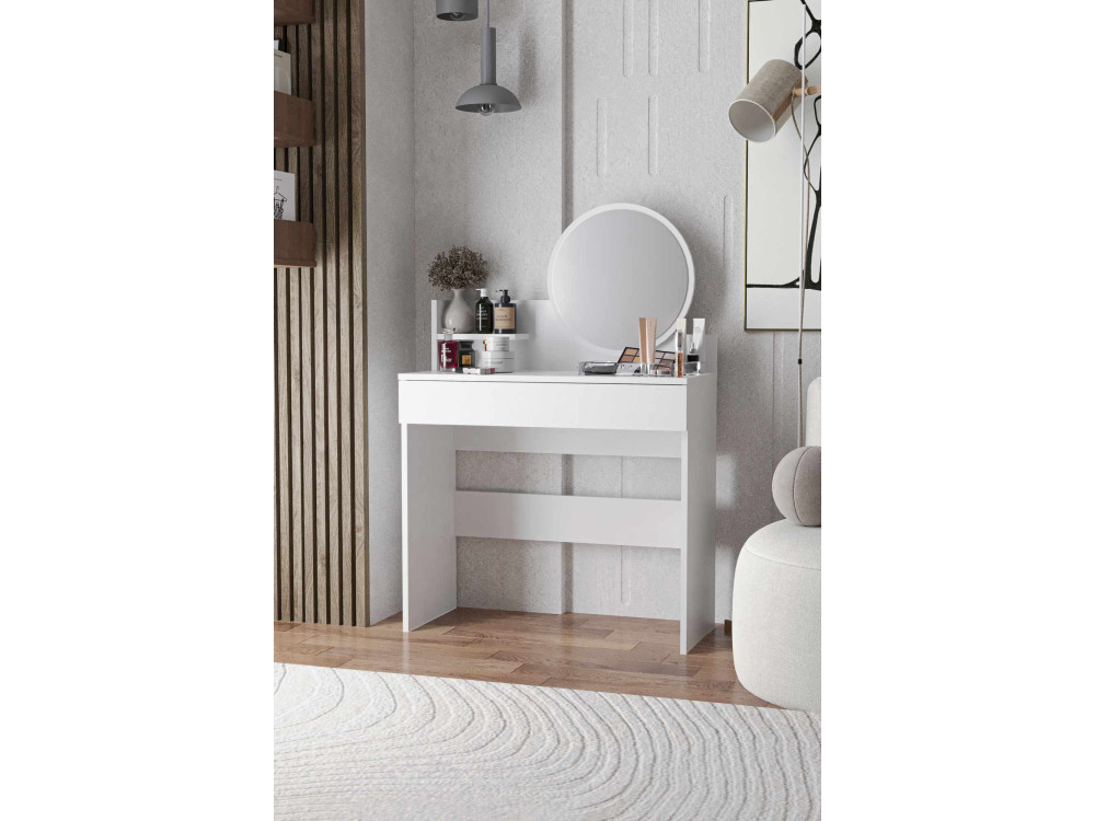Tocador "Harmony Mini Round" con espejo de madera - 90 x 40 x 133 cm - Blanco