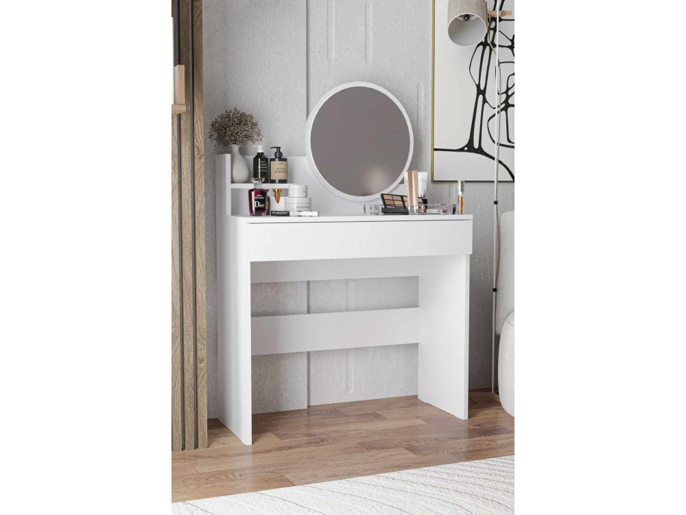 Tocador "Harmony Mini Round" con espejo de madera - 90 x 40 x 133 cm - Blanco