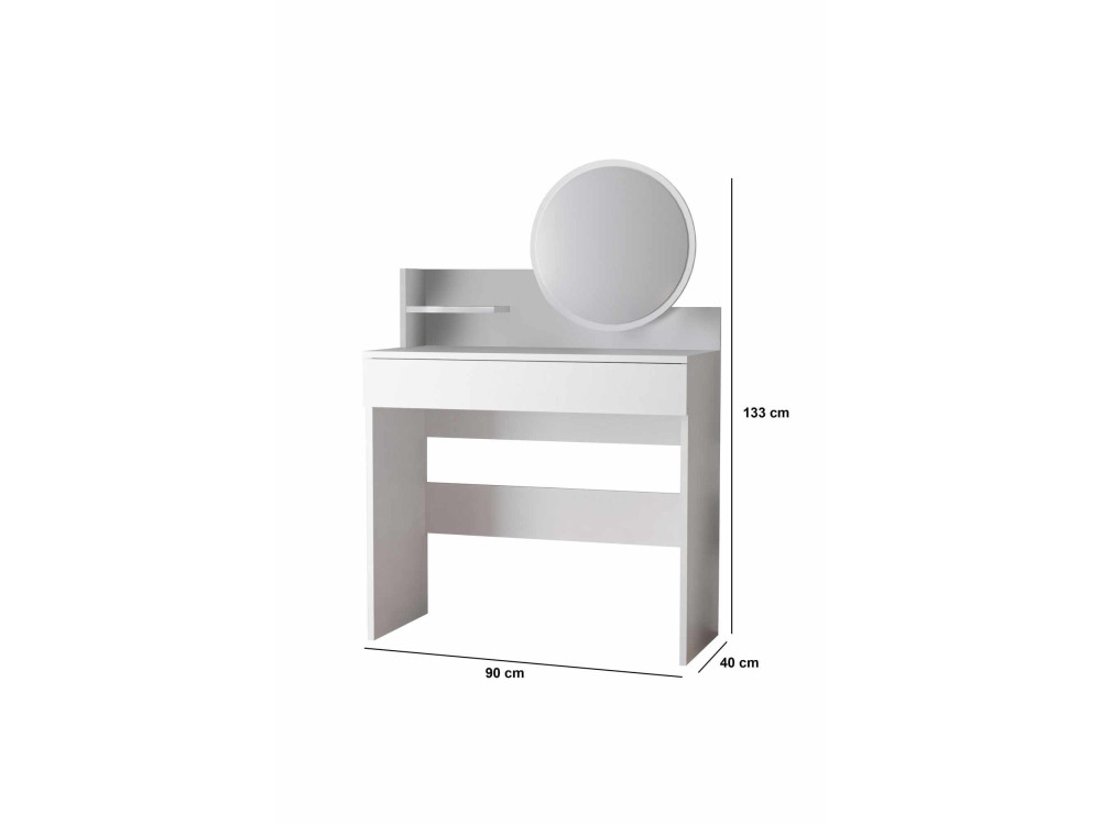 Tocador "Harmony Mini Round" con espejo de madera - 90 x 40 x 133 cm - Blanco
