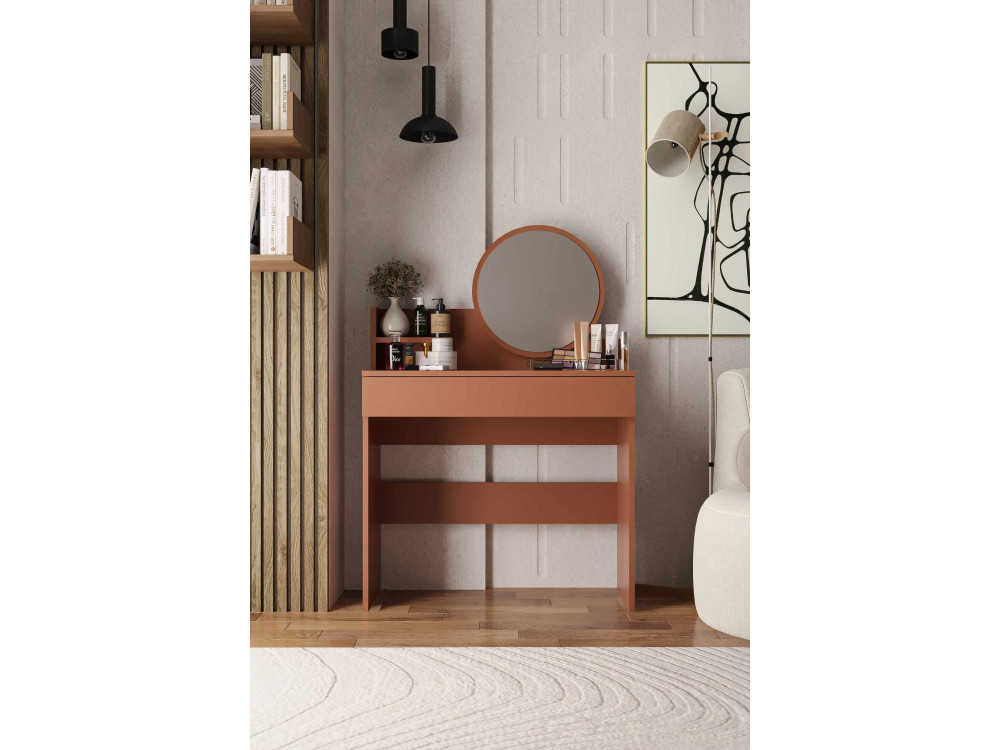 Tocador "Harmony Mini Round" con espejo de madera - 90 x 40 x 133 cm - Terracota
