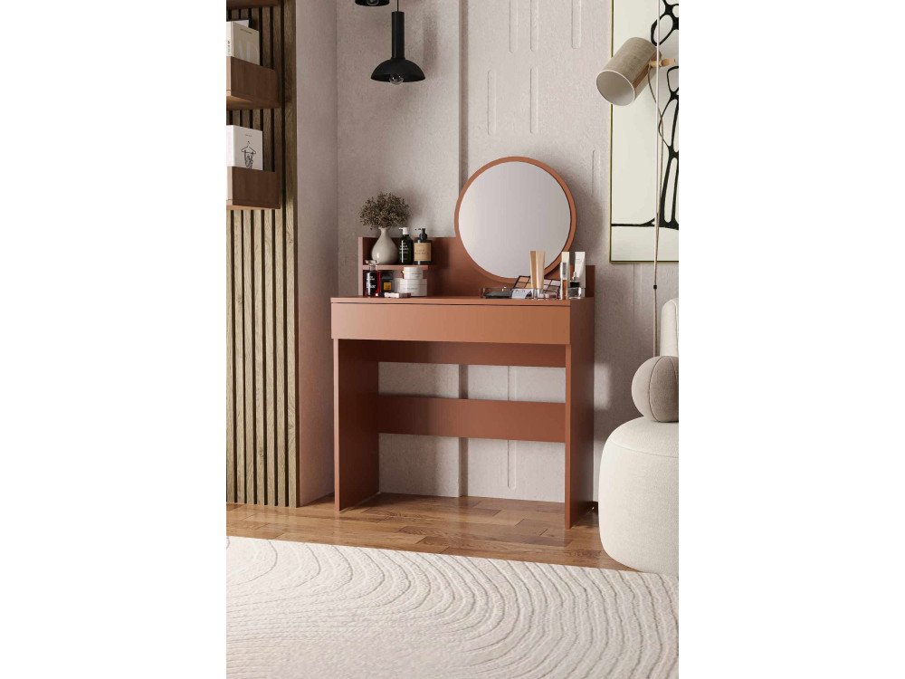 Tocador "Harmony Mini Round" con espejo de madera - 90 x 40 x 133 cm - Terracota