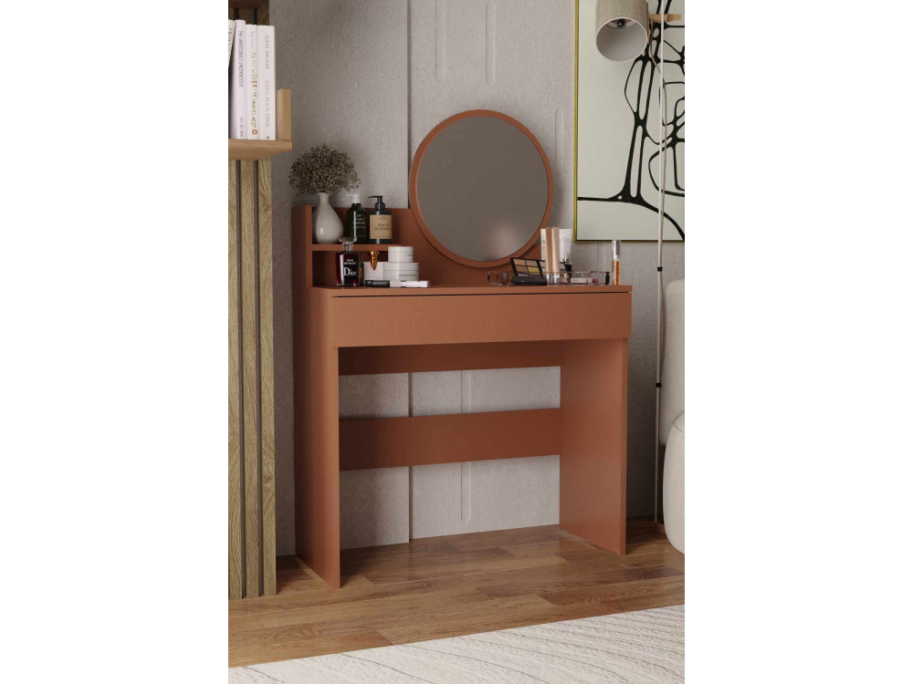 Tocador "Harmony Mini Round" con espejo de madera - 90 x 40 x 133 cm - Terracota