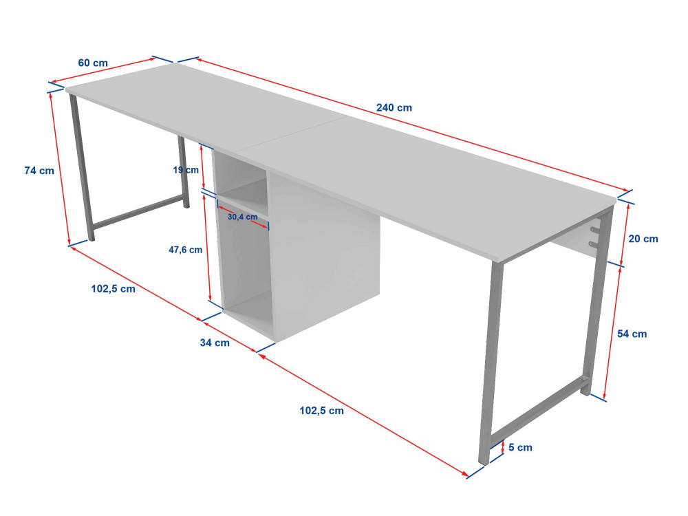 Mesa de estudio Twin - 240 x 60 x 74 cm - AntracitaNegro