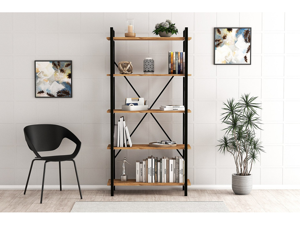 Librería de madera "Nero" - 90 x 33 x 180 cm - Pino AtlánticoNegro
