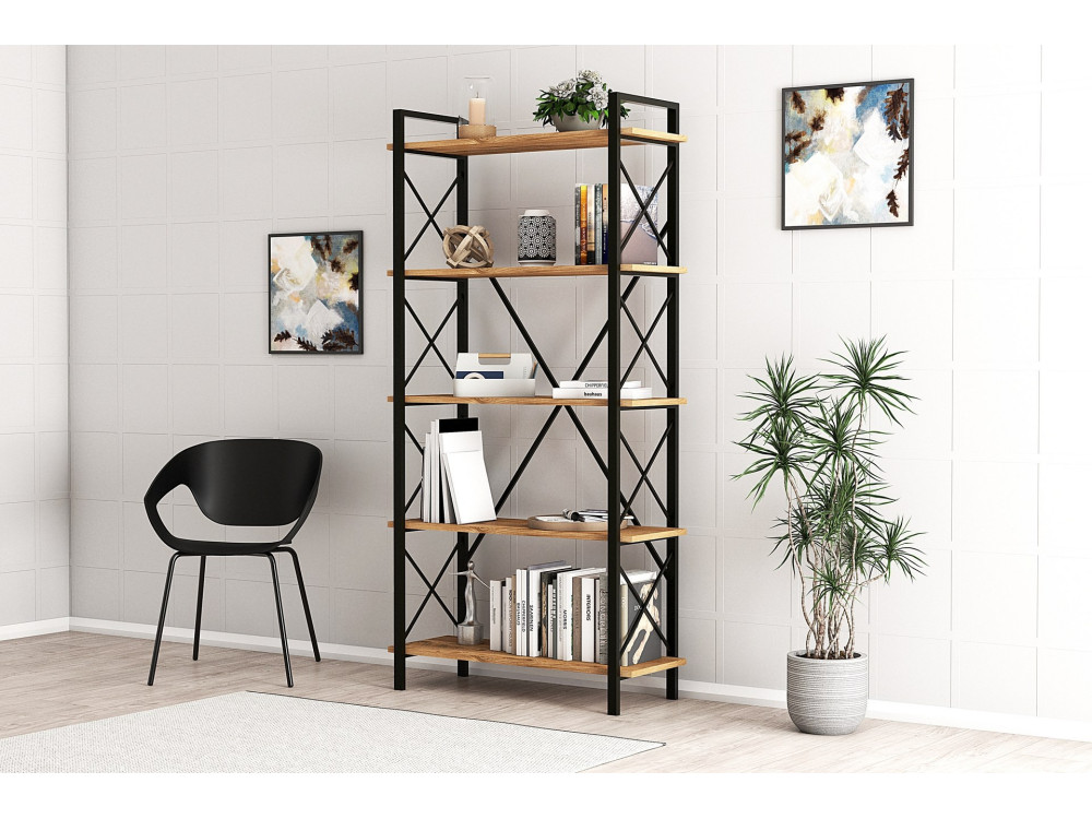 Librería de madera "Nero" - 90 x 33 x 180 cm - Pino AtlánticoNegro
