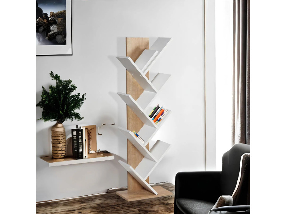 Librería de madera "Tuval 066" - 46 x 22 x 129 cm - Roble, Blanco