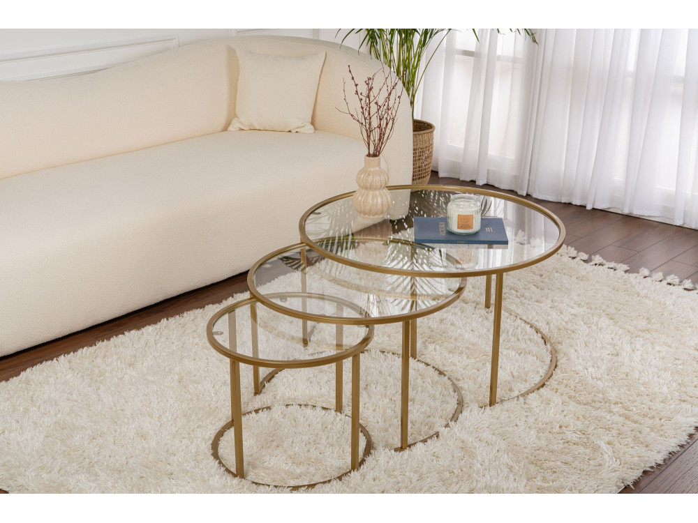 Lote de 3 mesas de centro de metal "Aurum" - 80 x 80 x 43 cm - Oro transparente