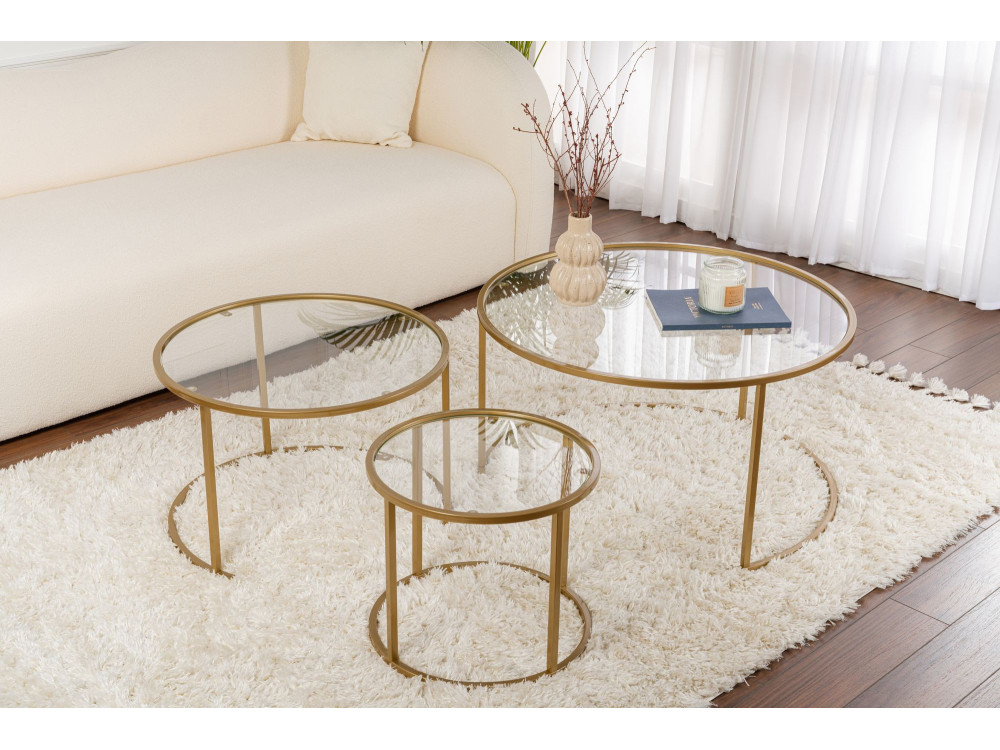 Lote de 3 mesas de centro de metal "Aurum" - 80 x 80 x 43 cm - Oro transparente