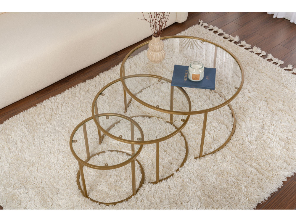 Lote de 3 mesas de centro de metal "Aurum" - 80 x 80 x 43 cm - Oro transparente