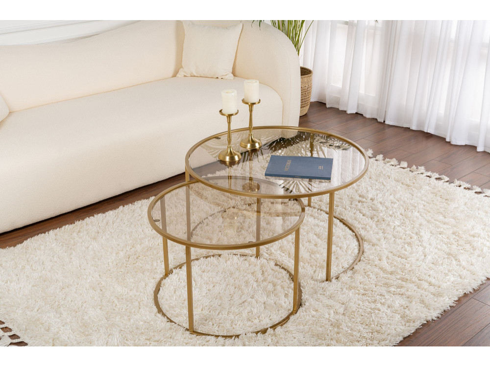 Lote de 2 mesas de centro de metal "Aurum" - 80 x 80 x 43 cm - Bronce dorado