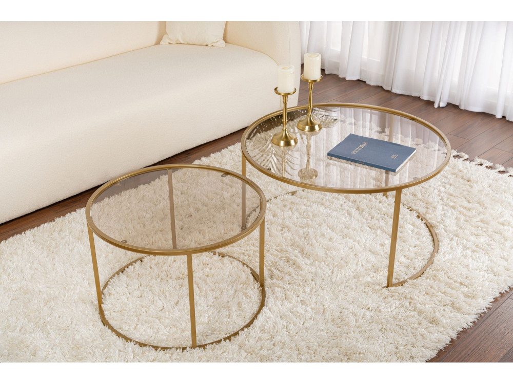 Lote de 2 mesas de centro de metal "Aurum" - 80 x 80 x 43 cm - Bronce dorado