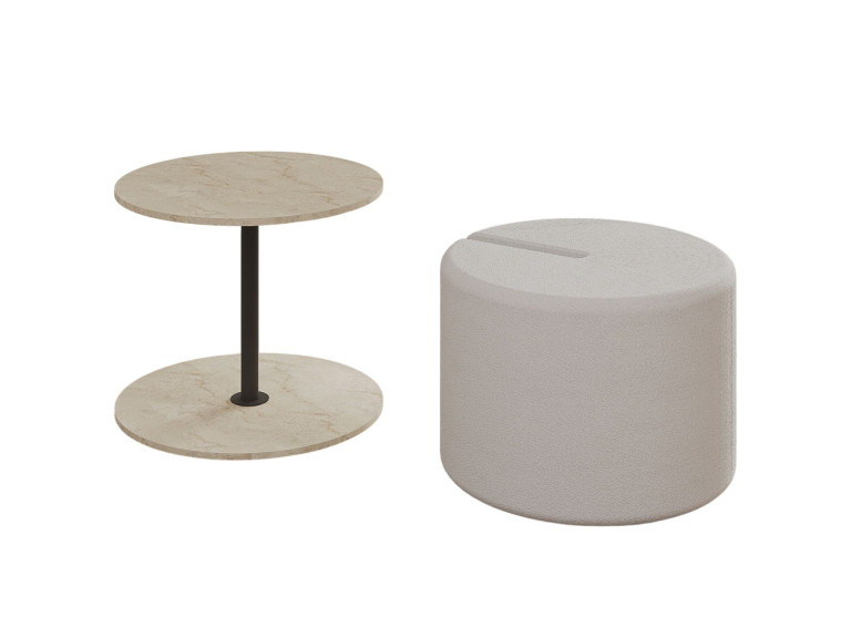 Mesa auxiliar "Vexana" con reposapiés de madera - 43 x 43 x 47 cm - Travertino